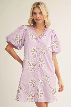 3D Floral Puff Sleeve Mini Dress - Lush Lemon - Women&