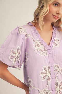 3D Floral Puff Sleeve Mini Dress - Lush Lemon - Women&