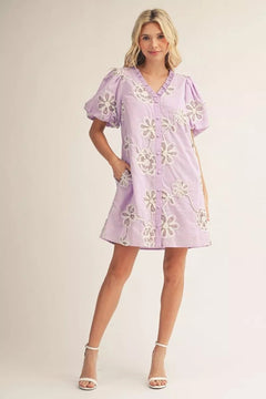 3D Floral Puff Sleeve Mini Dress - Lush Lemon - Women&