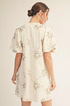 3D Floral Puff Sleeve Mini Dress - Lush Lemon - Women&