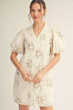 3D Floral Puff Sleeve Mini Dress - Lush Lemon - Women&