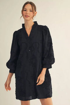 3D Floral Textured Puff Sleeve Dress - Lush Lemon - Women&