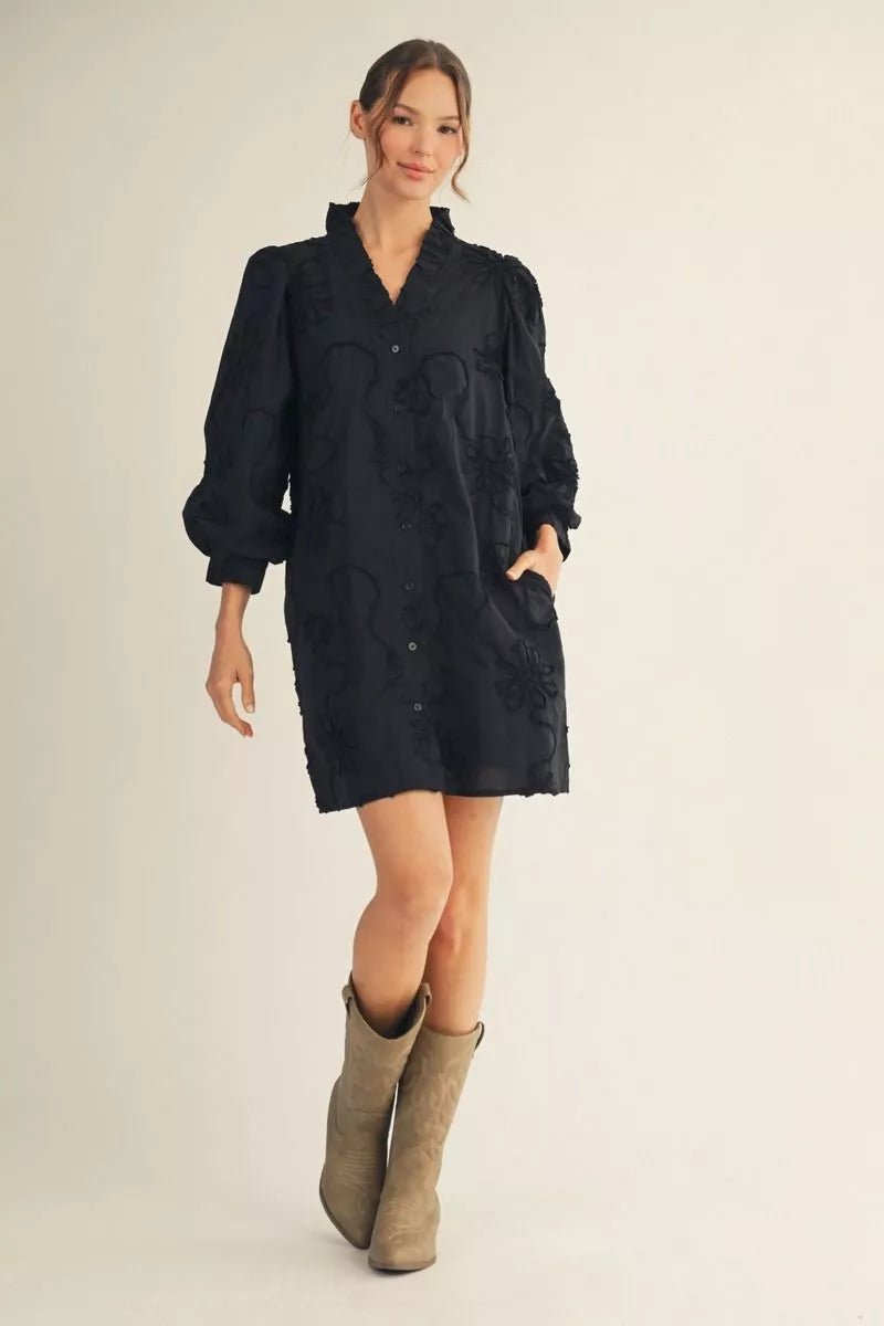 3D Floral Textured Puff Sleeve Dress - Lush Lemon - Women's Clothing - Jodifl - 48543091083613