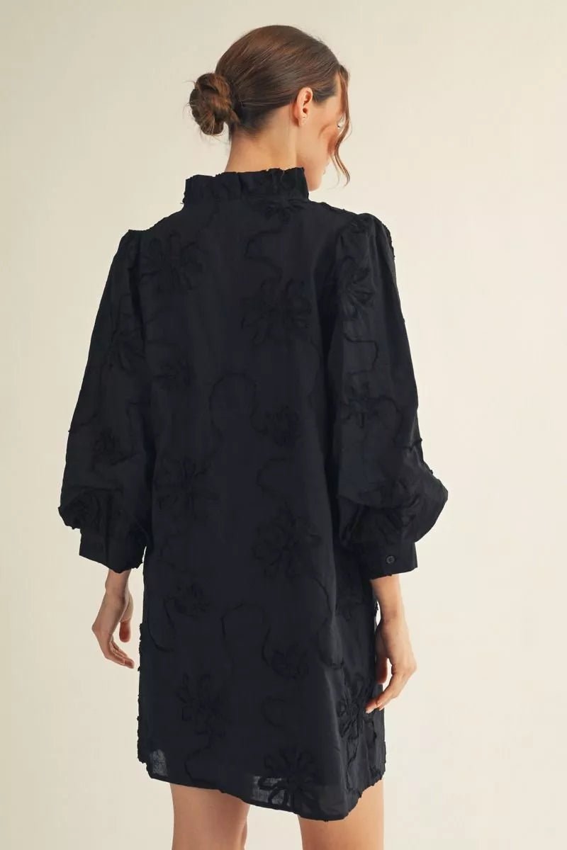 3D Floral Textured Puff Sleeve Dress - Lush Lemon - Women's Clothing - Jodifl - 48543091083613