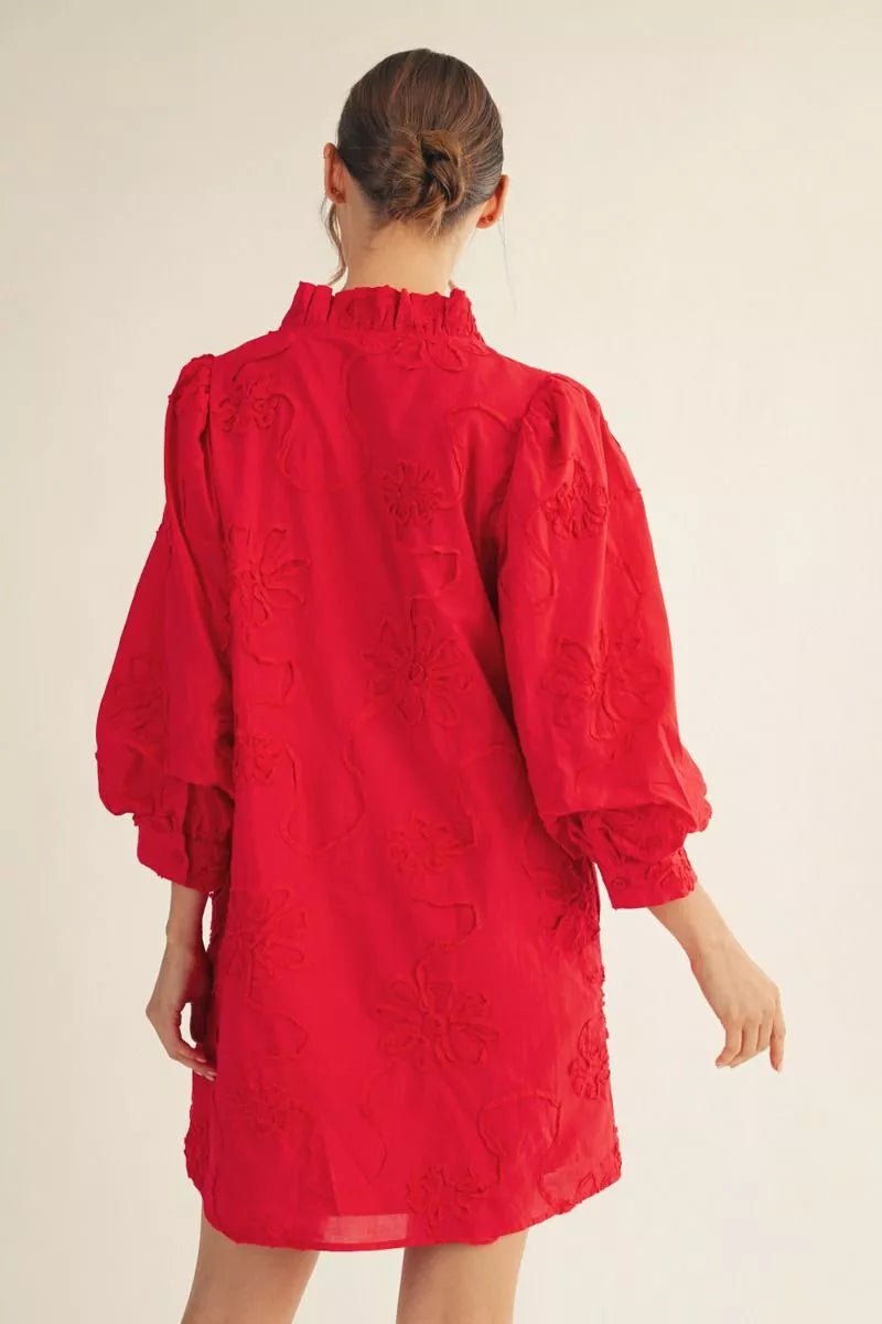 3D Floral Textured Puff Sleeve Dress - Lush Lemon - Women's Clothing - Jodifl - 48543091381917