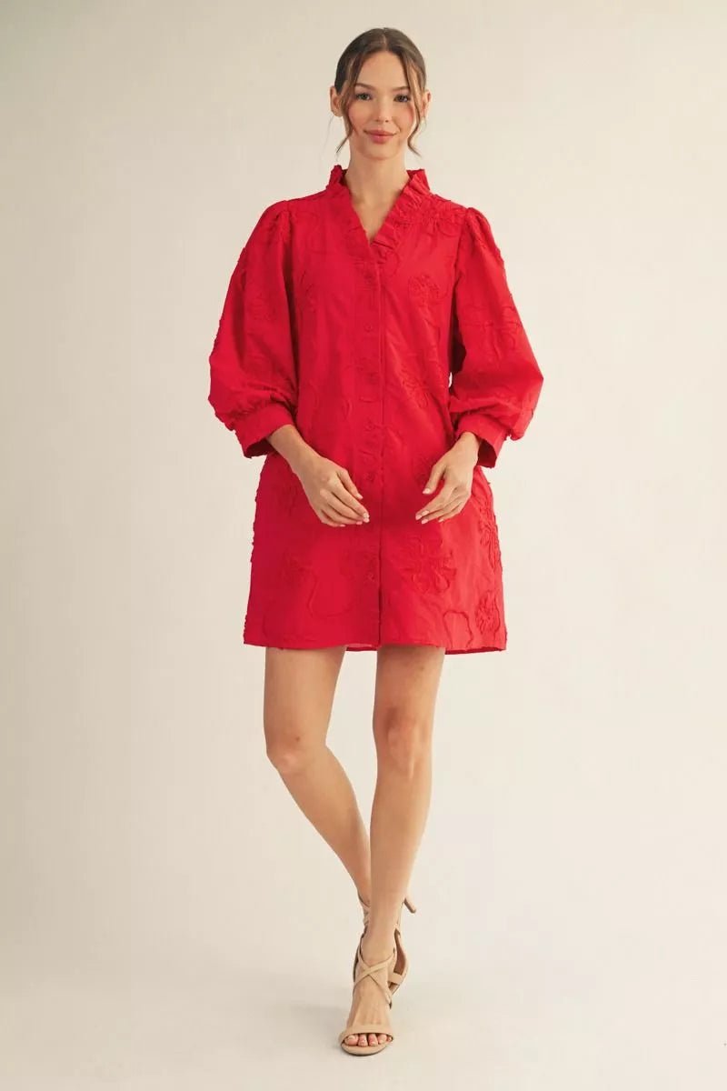 3D Floral Textured Puff Sleeve Dress - Lush Lemon - Women's Clothing - Jodifl - 48543091381917