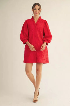 3D Floral Textured Puff Sleeve Dress - Lush Lemon - Women&