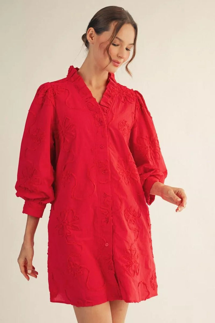 3D Floral Textured Puff Sleeve Dress - Lush Lemon - Women's Clothing - Jodifl - 48543091381917