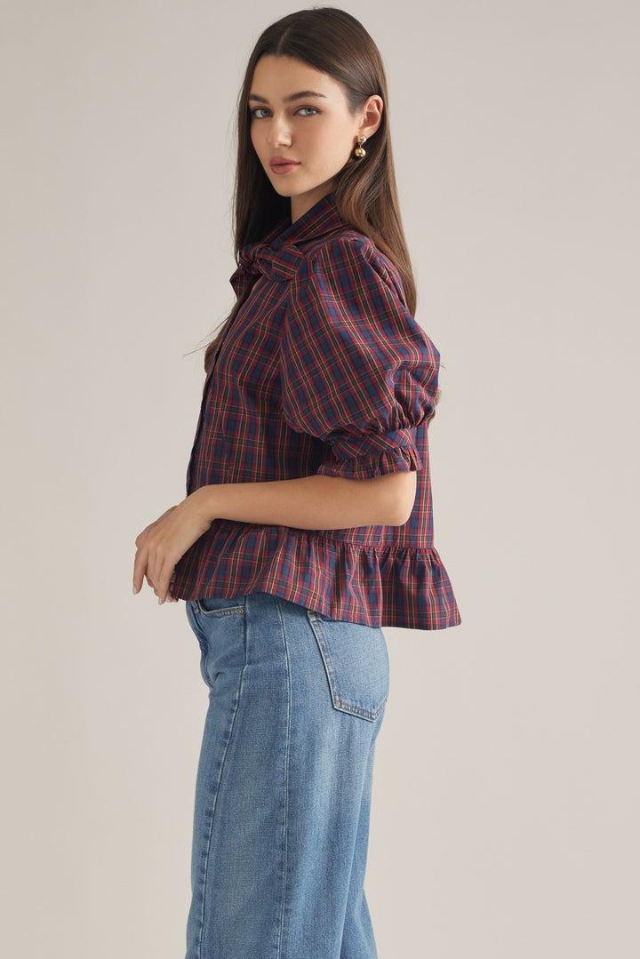 Plaid Bow Neck Peplum Top