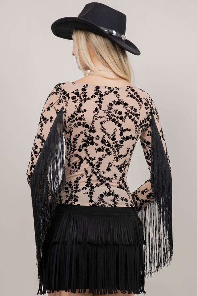 Floral Fringe Mesh Top