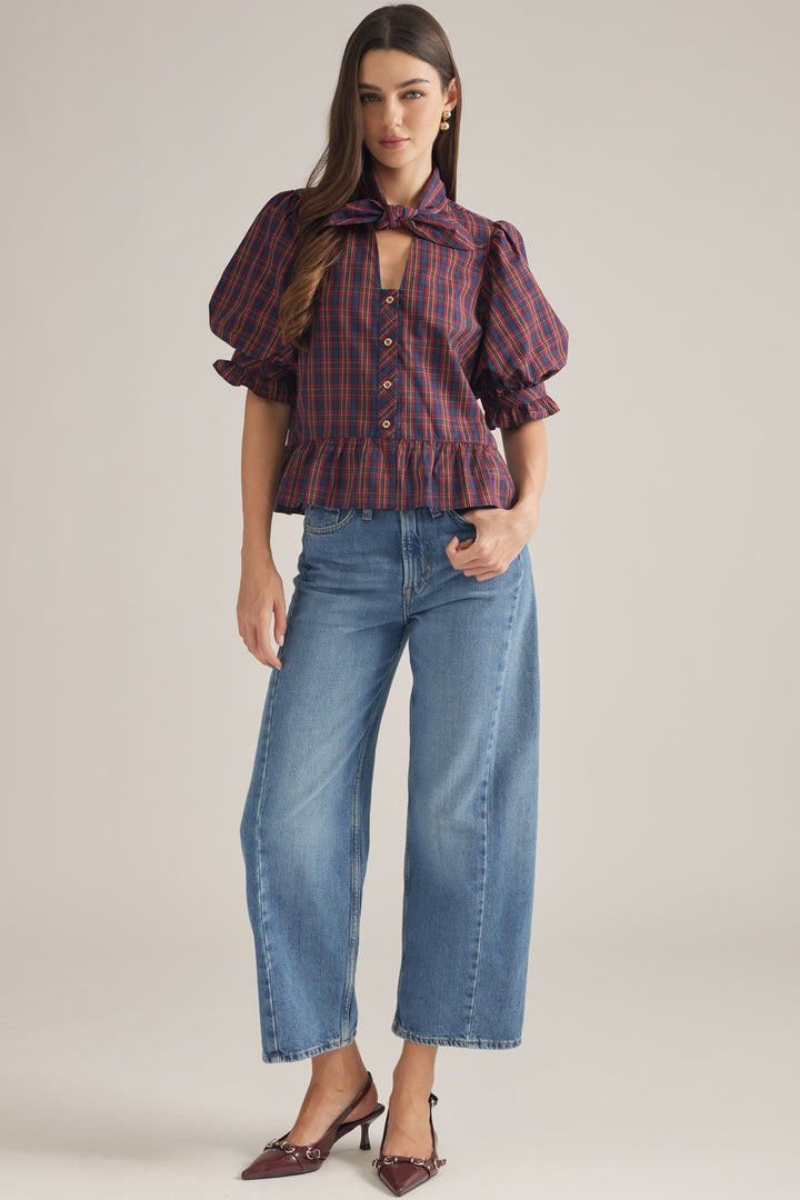 Plaid Bow Neck Peplum Top