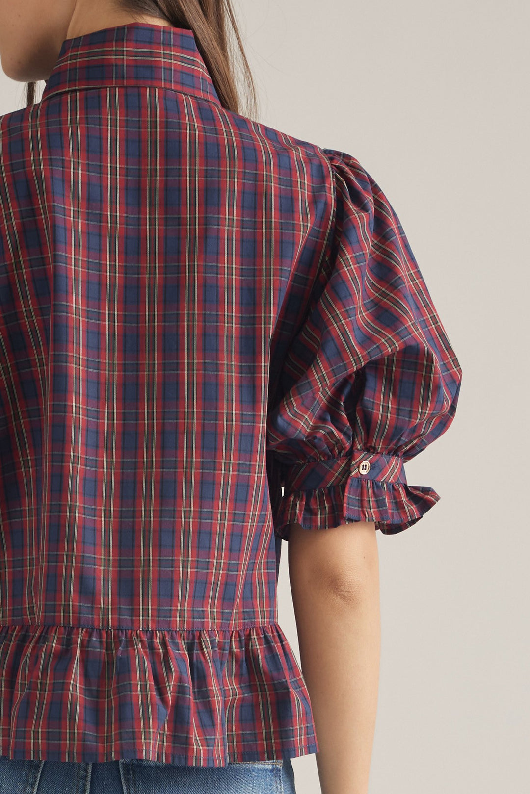 Plaid Bow Neck Peplum Top