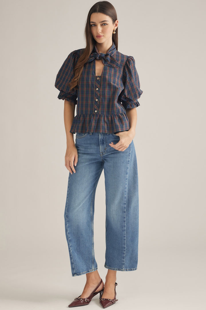 Plaid Bow Neck Peplum Top