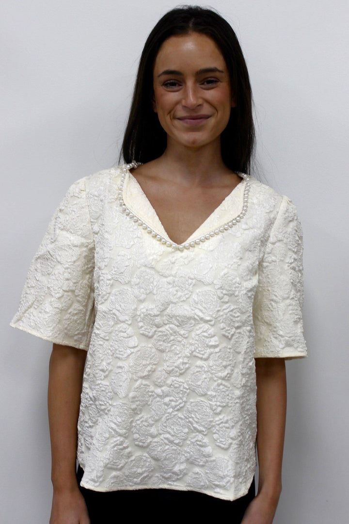 Pearl Collar Floral Textured Top