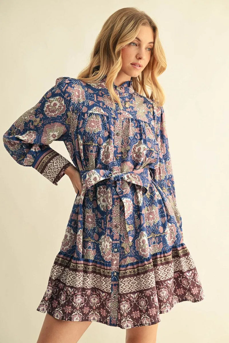 Boho Floral Tiered Mini Dress W/ Waist Tie