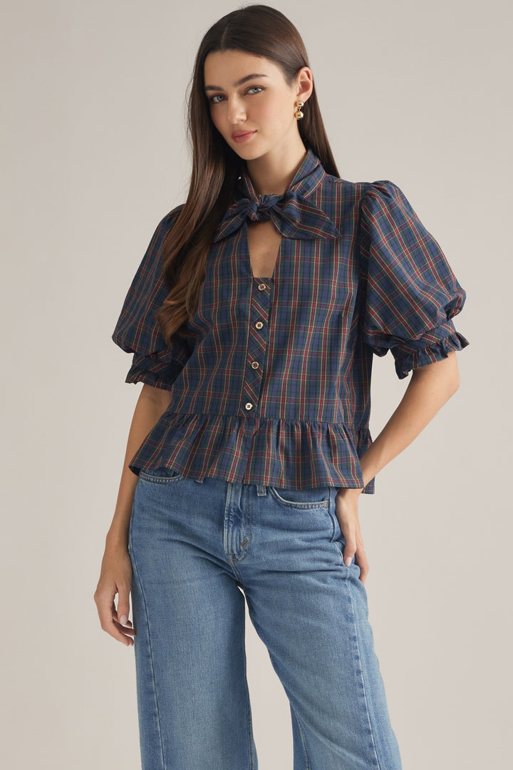Plaid Bow Neck Peplum Top