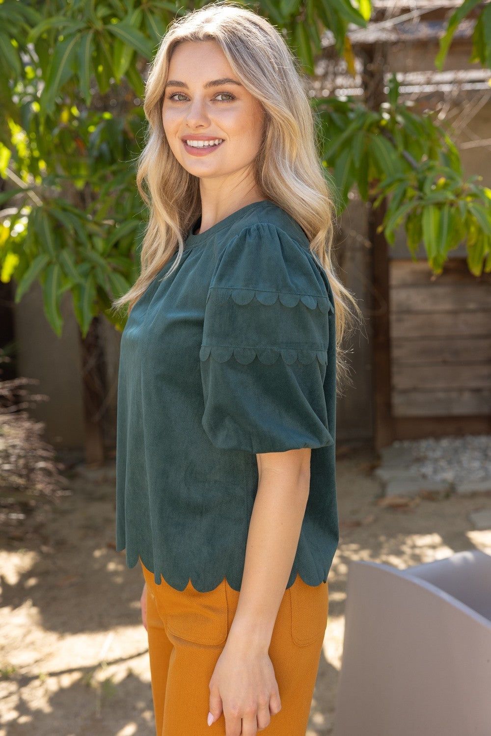 Scalloped Corduroy Top W/ Bubble Sleeves