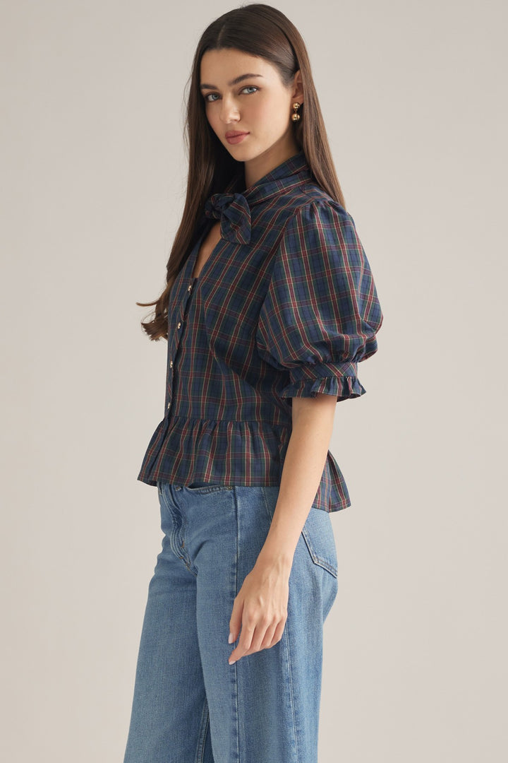 Plaid Bow Neck Peplum Top