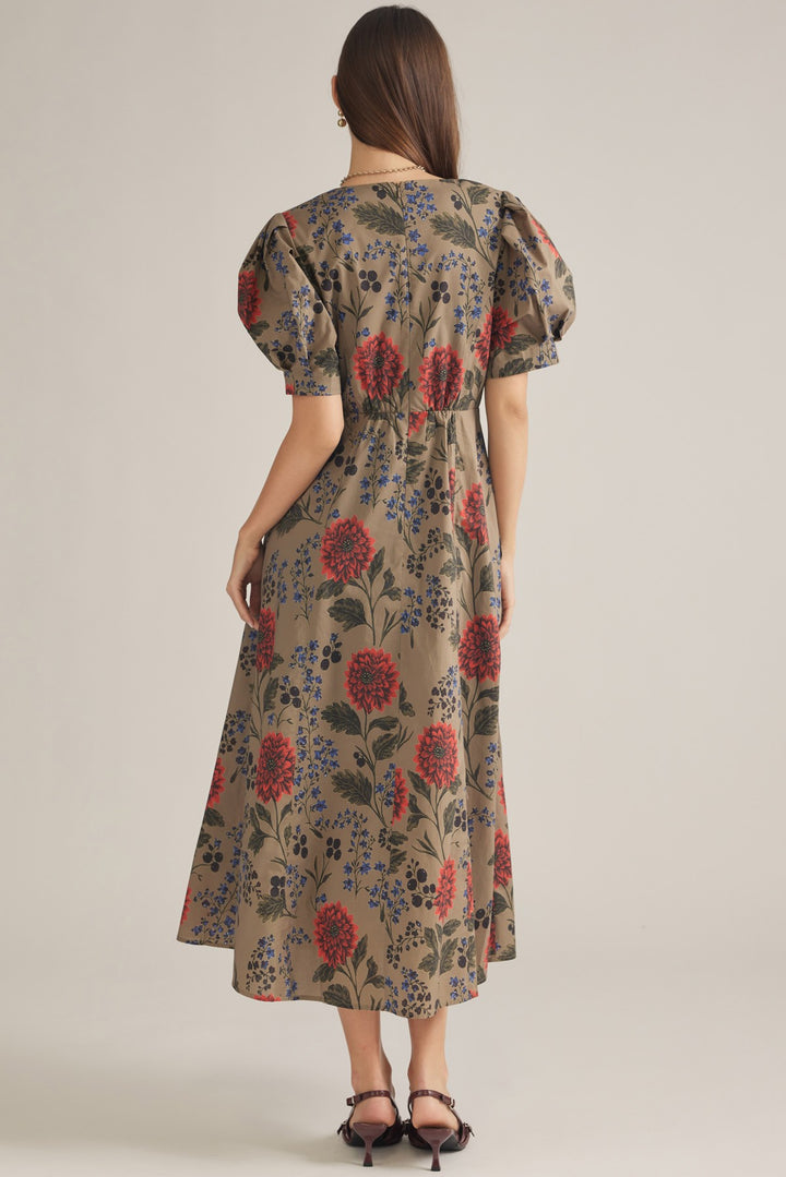 Botanical Puff Sleeve Midi Dress