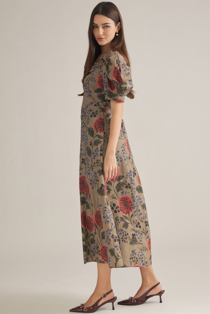 Botanical Puff Sleeve Midi Dress
