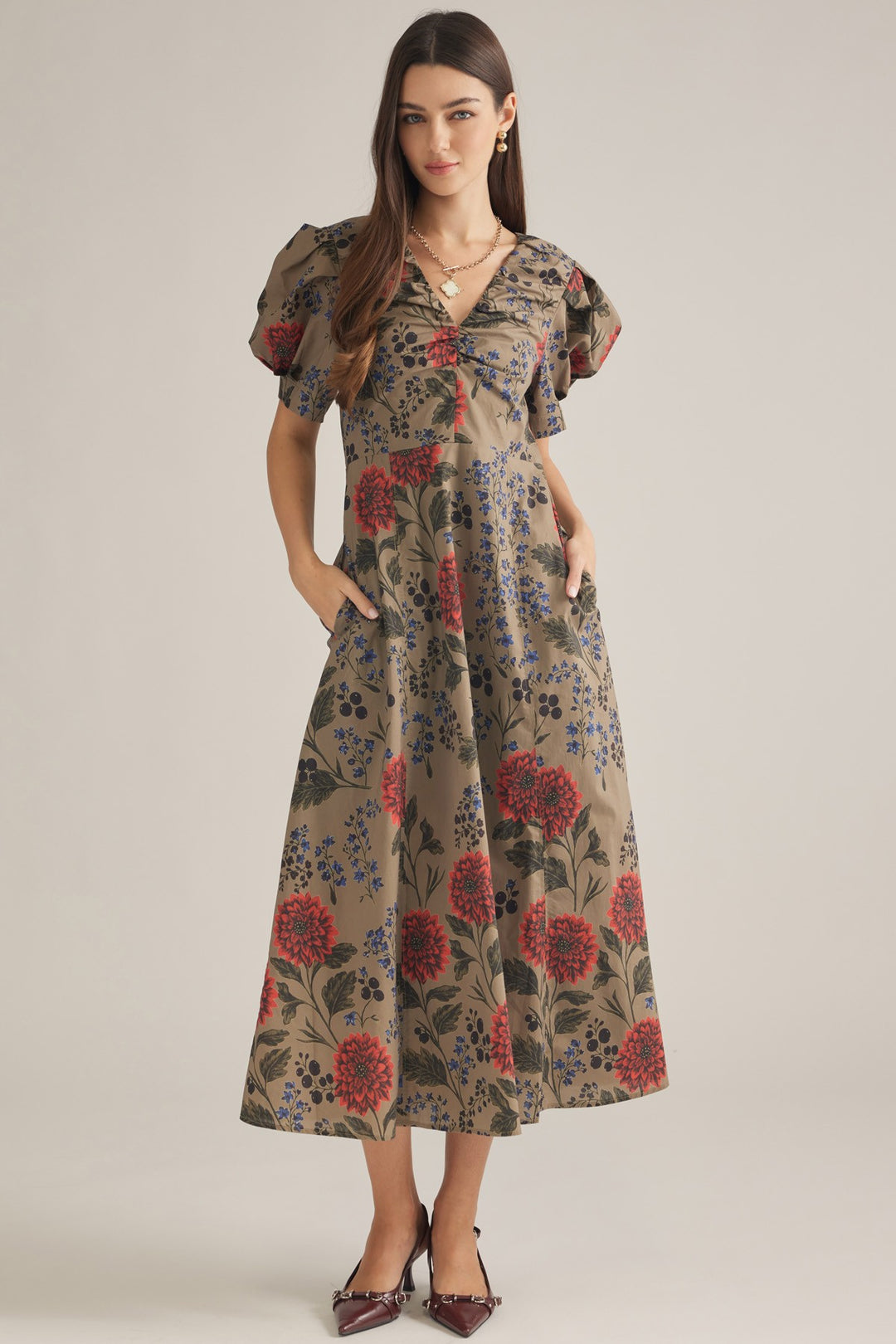 Botanical Puff Sleeve Midi Dress