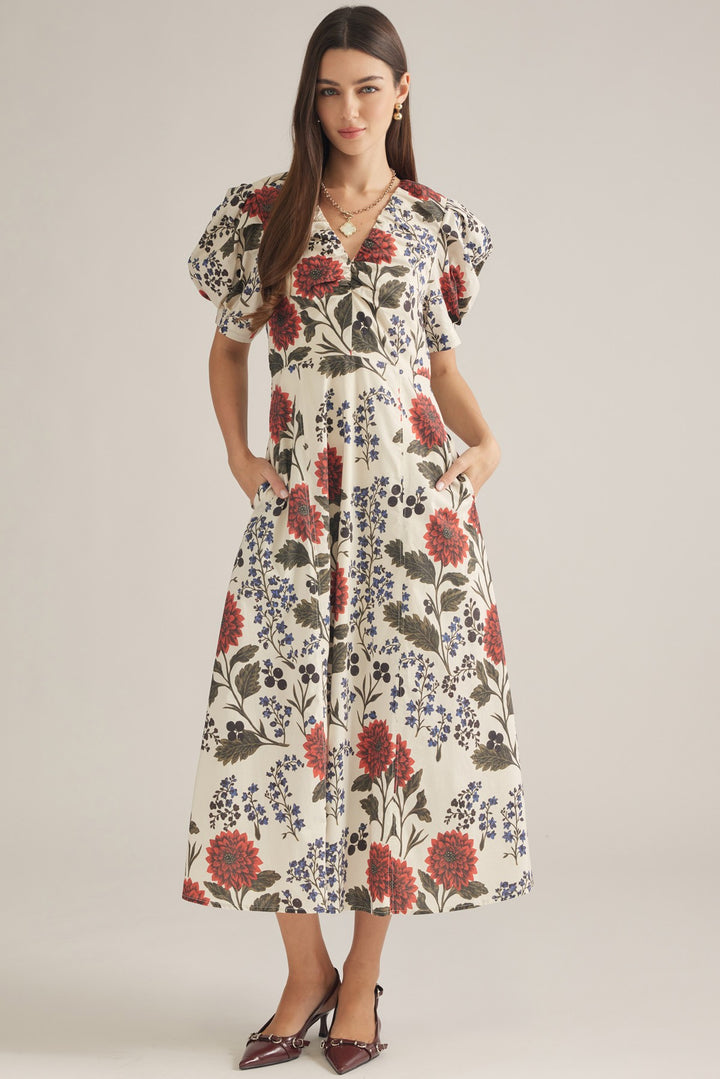 Botanical Puff Sleeve Midi Dress