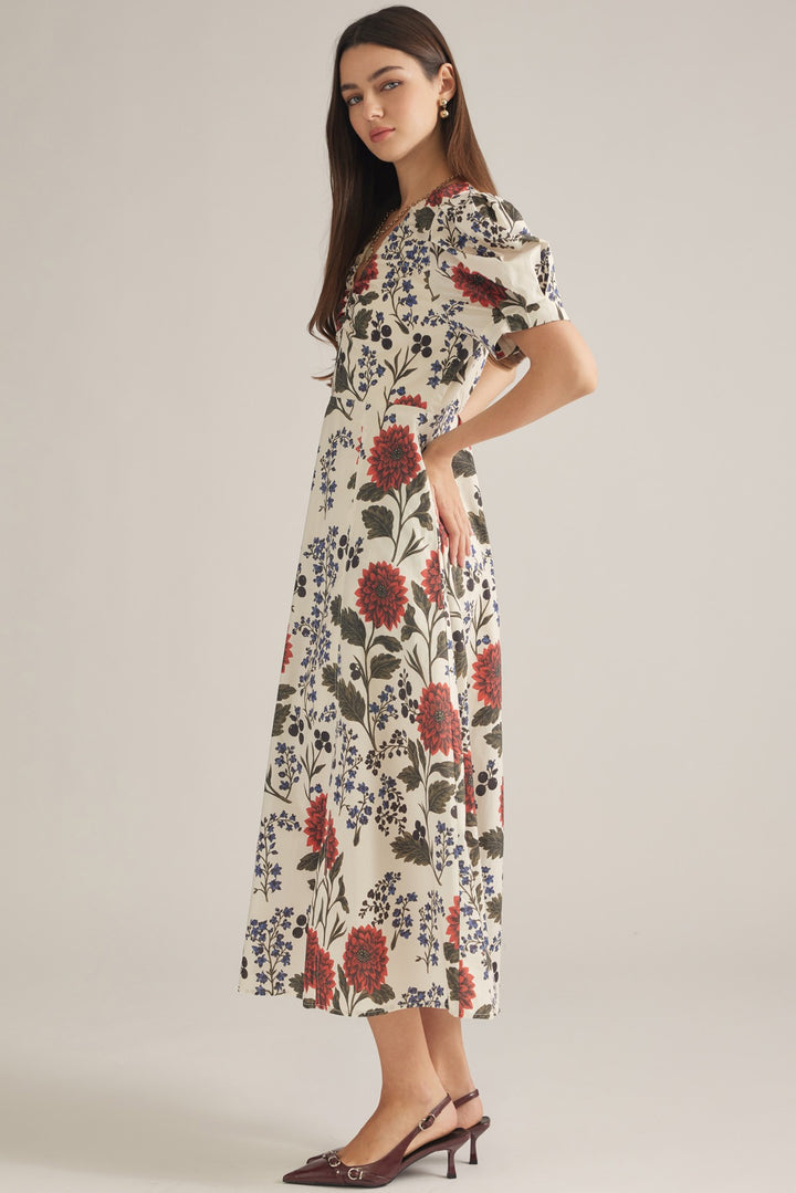 Botanical Puff Sleeve Midi Dress