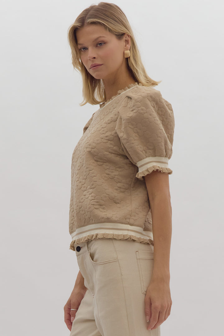 Textured Bubble Sleeve Top W/Ruffle Trim