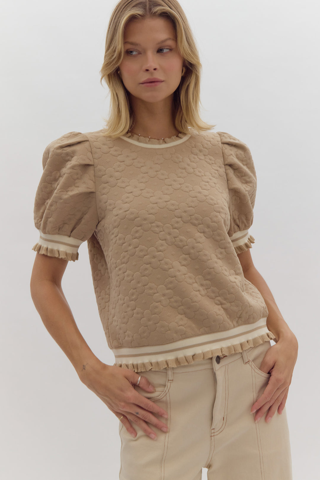 Textured Bubble Sleeve Top W/Ruffle Trim