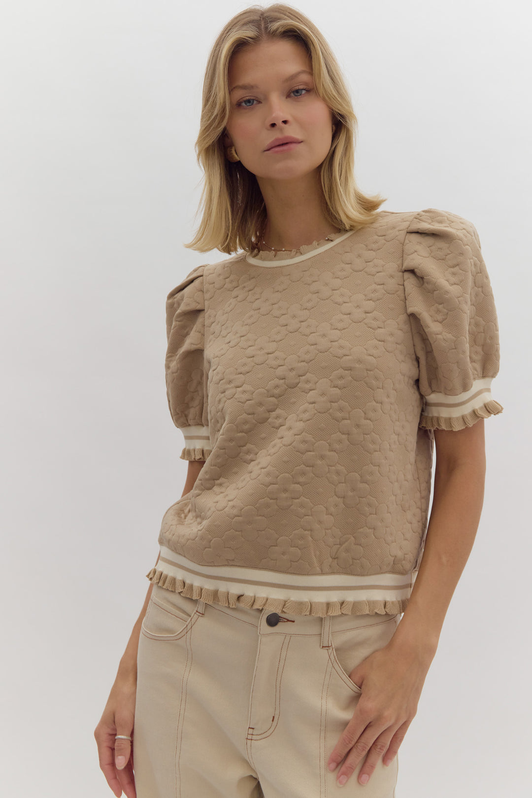 Textured Bubble Sleeve Top W/Ruffle Trim