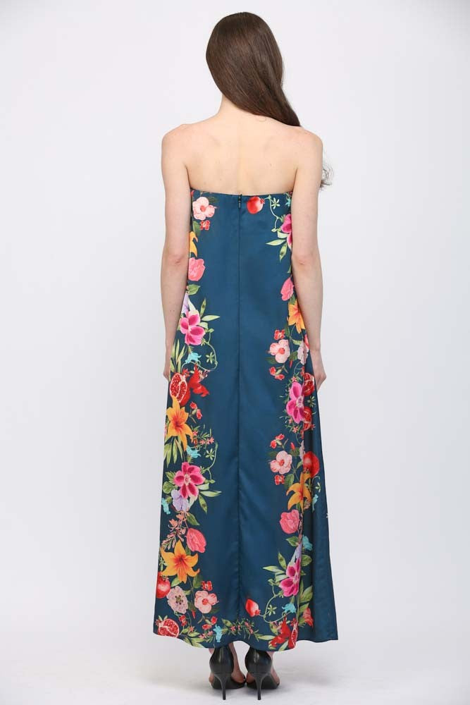 Botanical Border Print Strapless Maxi Dress