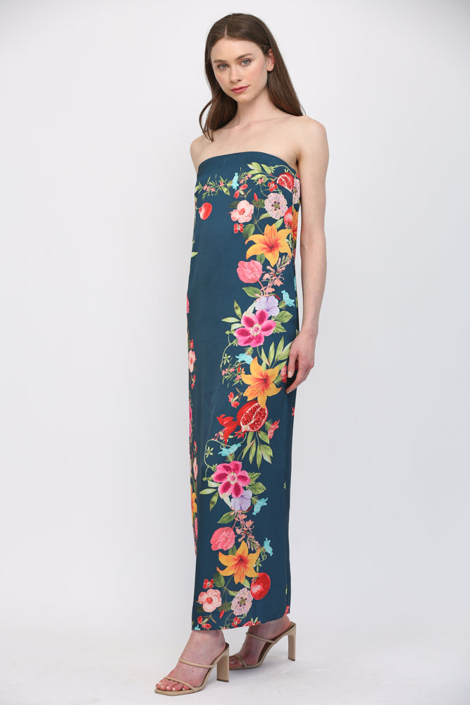 Botanical Border Print Strapless Maxi Dress