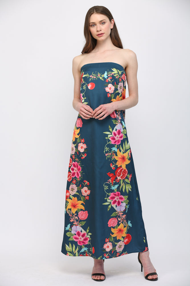 Botanical Border Print Strapless Maxi Dress