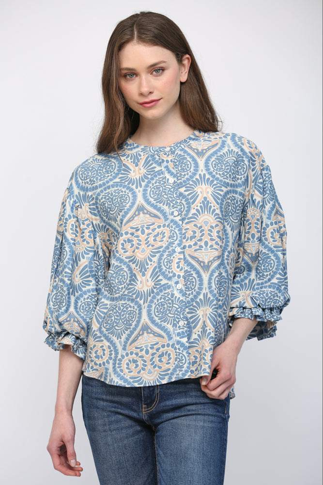 Damask Print Balloon Sleeve Blouse