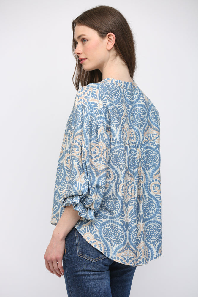 Damask Print Balloon Sleeve Blouse