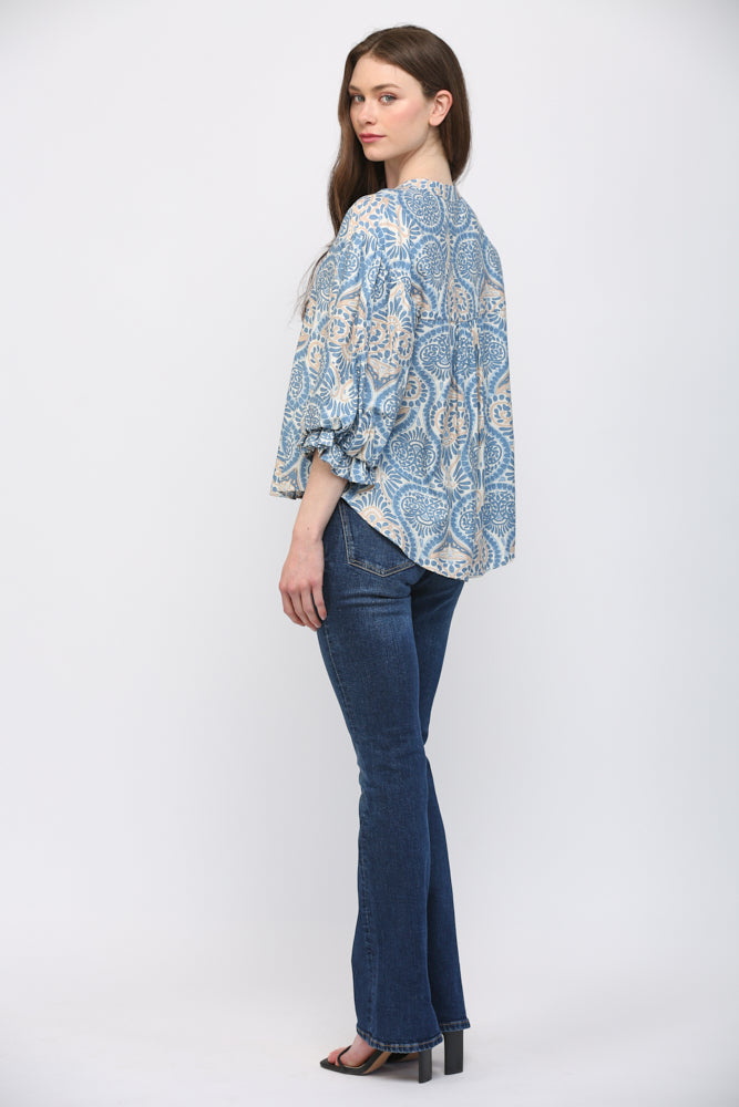 Damask Print Balloon Sleeve Blouse
