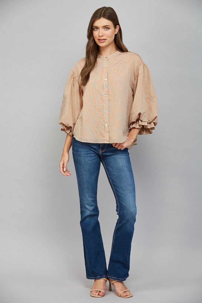 Pinstripe Bubble Sleeve Blouse