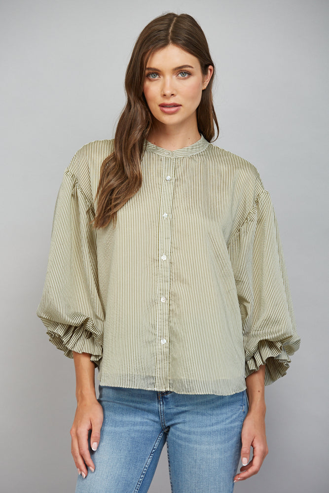 Pinstripe Bubble Sleeve Blouse