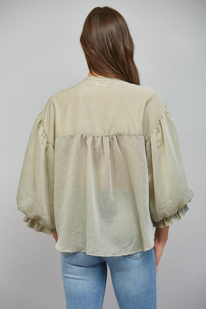 Pinstripe Bubble Sleeve Blouse