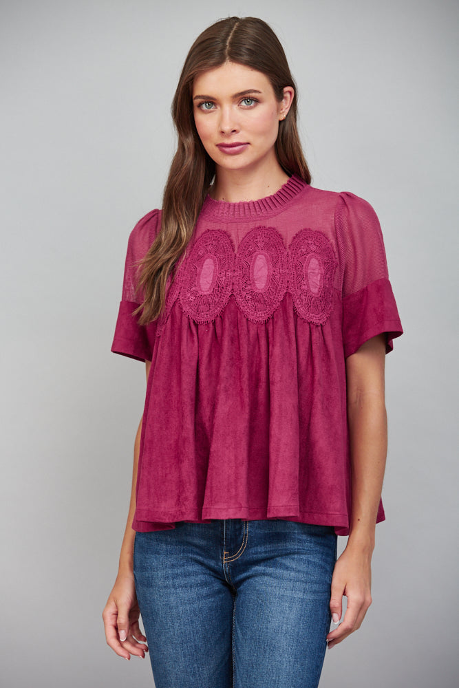 Lace Applique W/ Mesh Faux Suede Top
