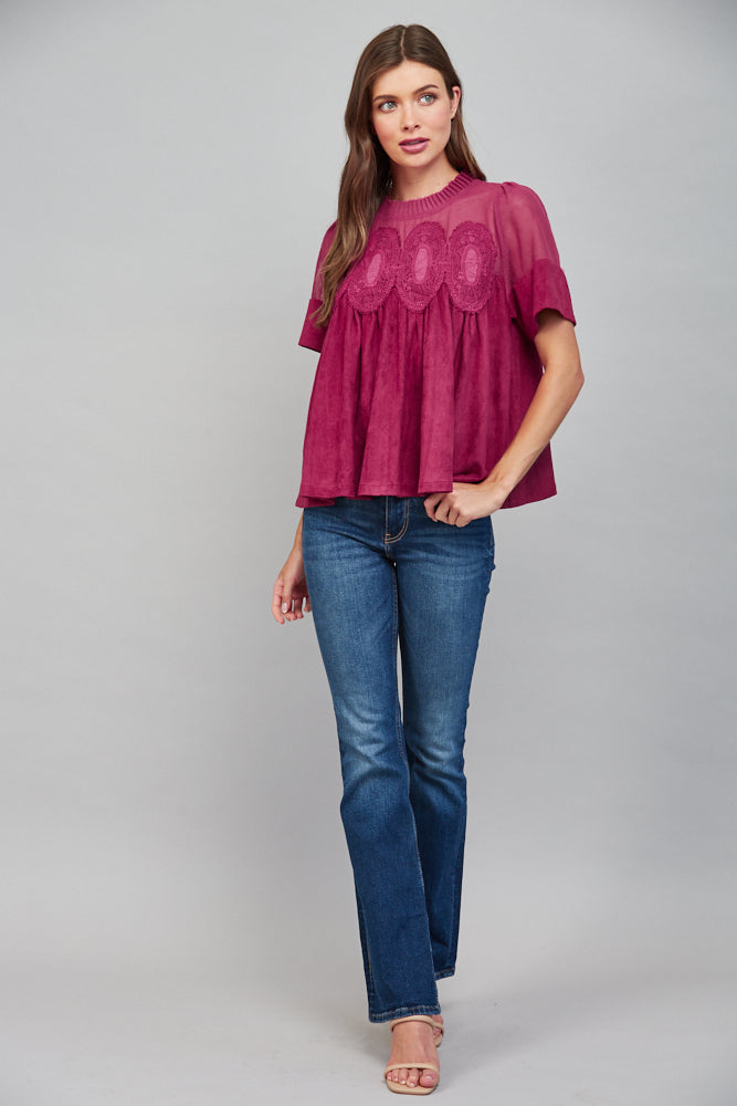 Lace Applique W/ Mesh Faux Suede Top