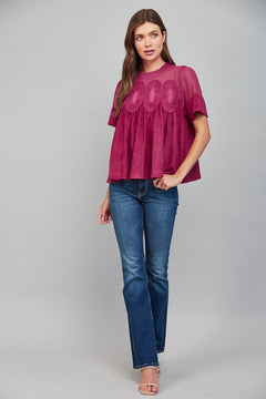 Lace Applique W/ Mesh Faux Suede Top