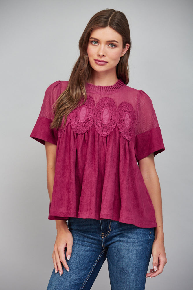 Lace Applique W/ Mesh Faux Suede Top