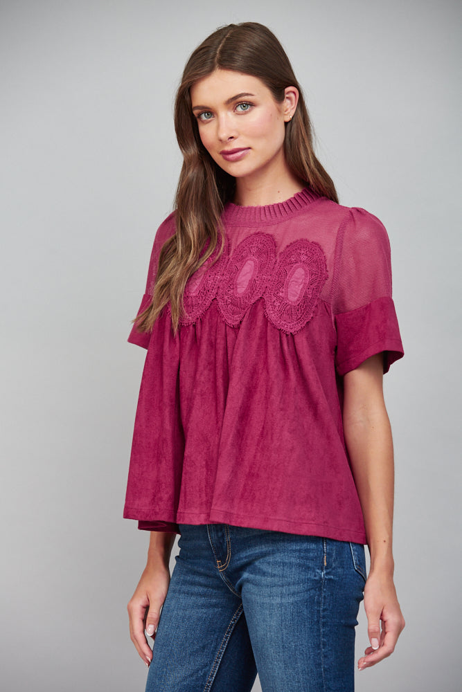 Lace Applique W/ Mesh Faux Suede Top