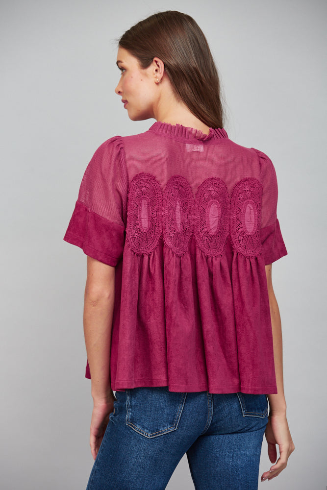 Lace Applique W/ Mesh Faux Suede Top