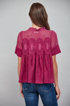 Lace Applique W/ Mesh Faux Suede Top