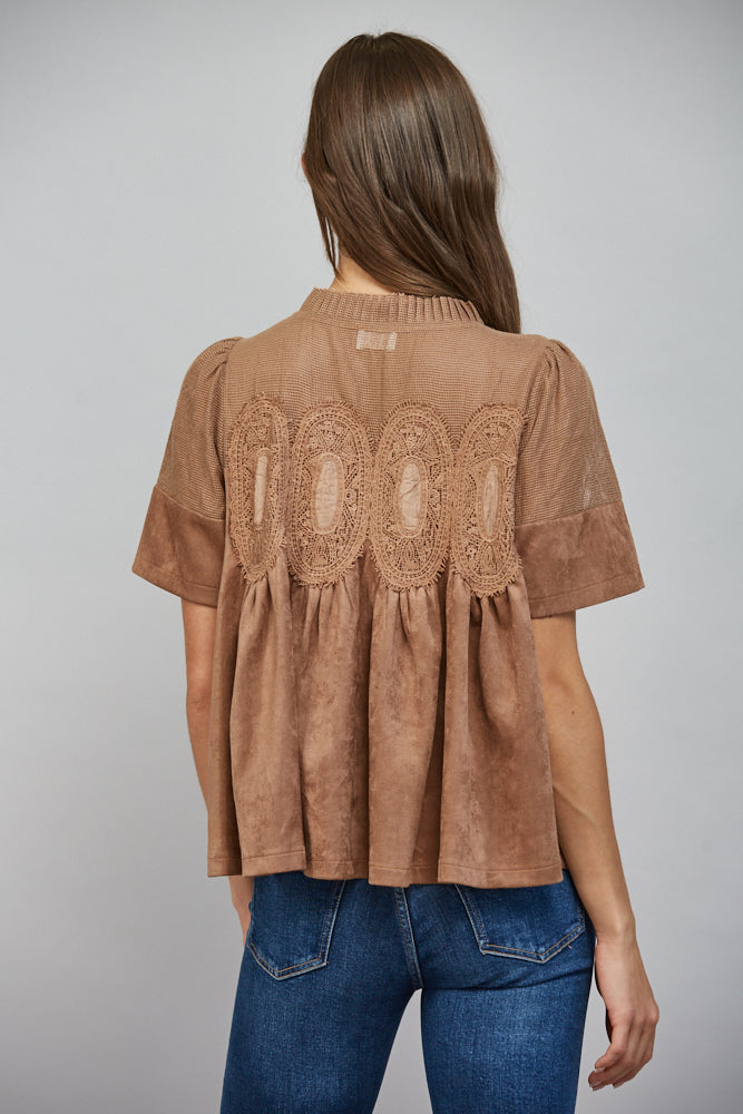 Lace Applique W/ Mesh Faux Suede Top