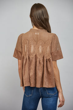Lace Applique W/ Mesh Faux Suede Top