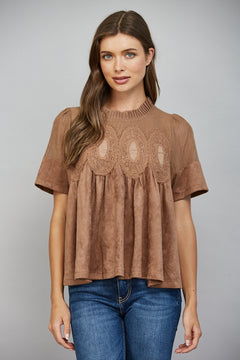 Lace Applique W/ Mesh Faux Suede Top
