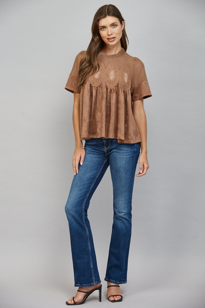 Lace Applique W/ Mesh Faux Suede Top